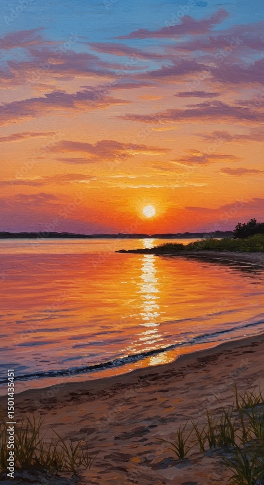 Obraz premium Pixelated Sunset Over Water A Coastal Scene with Golden Light And Clouds Photo