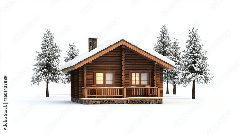 Snowy log cabin nestled amongst snow-covered evergreens on a pristine white background Snowy log cabin nestled amongst snow-covered evergreens on a pristine white background