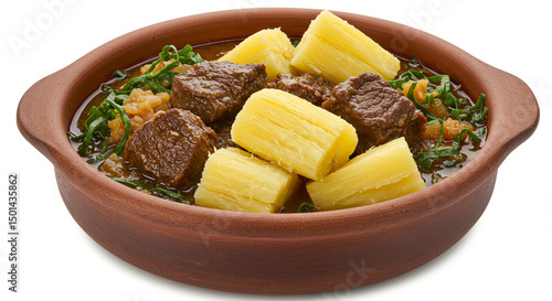 Vaca atolada (beef stew with cassava), served hot in a rustic bowl, isolated on white background
