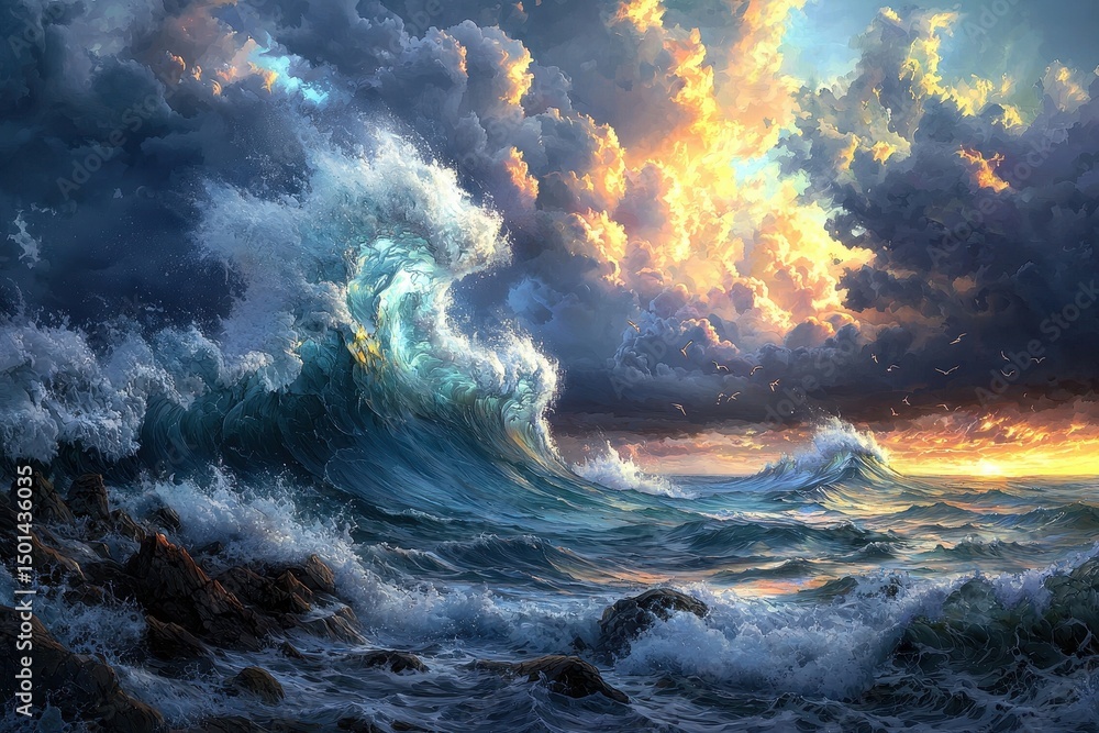 Fototapeta premium Dramatic Ocean Waves Crashing Against Rocky Shoreline Under Vibrant Sunset Sky with Majestic Clouds and Seagulls in Flight