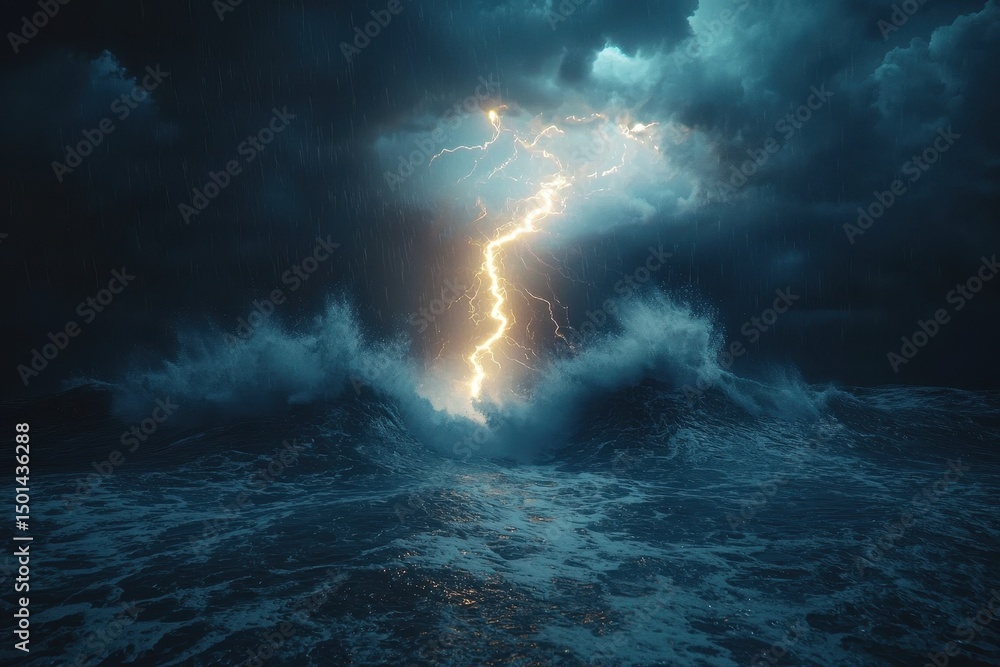 Fototapeta premium Dramatic Lightning Strike Over Turbulent Ocean Waves During a Stormy Night with Dark Clouds