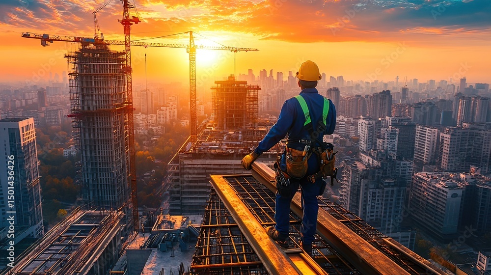 Naklejka premium Construction worker surveys cityscape at sunset from high-rise building under construction
