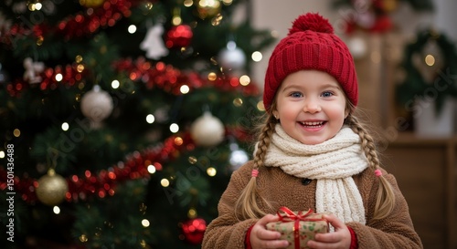 Portrait Of A Smiling Child Holding A Gift Near A Decorated Christmas Tree Photo