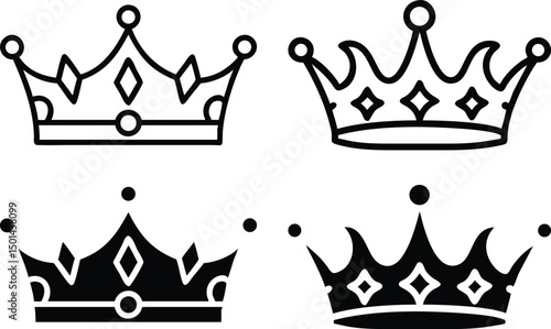Crown icon set, Ornate Crown Line Art – Elegant Vector Outline Illustration with Filigree Detail