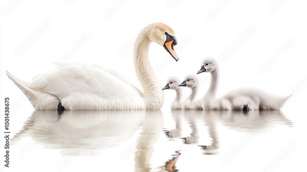 A mother swan and her three cygnets gracefully glide on a still water surface, their reflections mirroring their elegant forms against a pure white backdrop A mother swan and her three cygnets gracefully glide on a still water surface, their reflections mirroring their elegant forms against a pure white backdrop