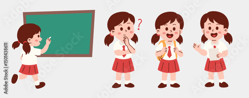 Illustration of a schoolgirl in various poses including writing on a blackboard, thinking, carrying a backpack, and holding paper.