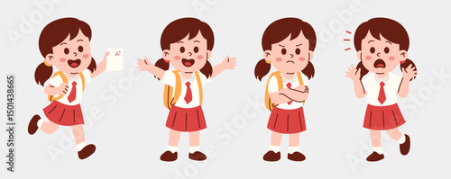 Illustration of a young schoolgirl in uniform showing different emotions including happiness, anger, and surprise with a backpack and grade paper.