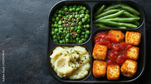 A balanced meal in a tray. It features peas, green beans, mashed potatoes, and fried tofu with tomato sauce. Healthy and convenient.