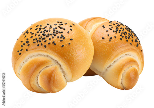 Five sesame seed dinner rolls isolated on transparent background