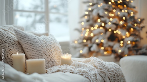 Cozy winter scene with lit candles, soft blankets, and a blurred Christmas tree in the background. Warm and inviting.