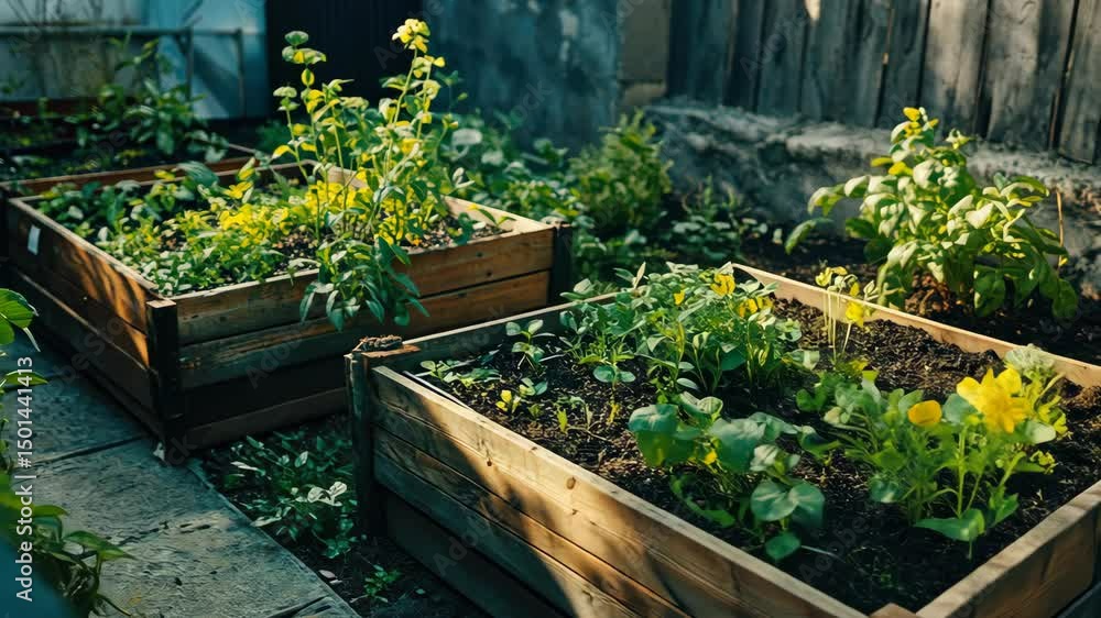A variety of vegetables growing in pots, showcasing a thriving urban garden. The plants are healthy and the garden is well-maintained. A variety of vegetables growing in pots, showcasing a thriving urban garden. The plants are healthy and the garden is well-maintained.