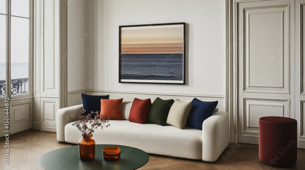 Fototapeta premium Coastal sunset artwork above off-white sofa with colorful throw pillows, dark green coffee table, and burgundy ottoman in a bright living room