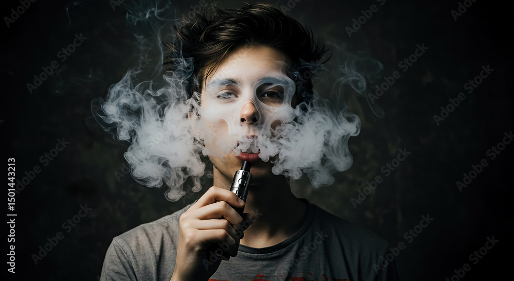 Obraz premium Young man vaping but the smoke formed into a skull on his face, vaping harmful