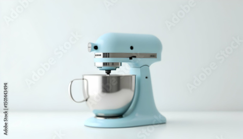 Standing Mixer Appliance with Stainless Steel Bowl on White Background