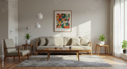 Realistic Living Room Interior With Wooden Furniture and Sunlight