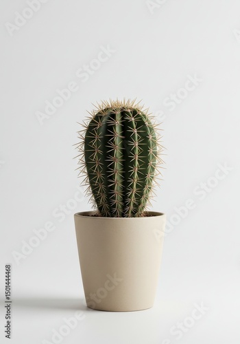 Realistic Photo of a Single Green Cactus in a Beige Pot Against a White Background