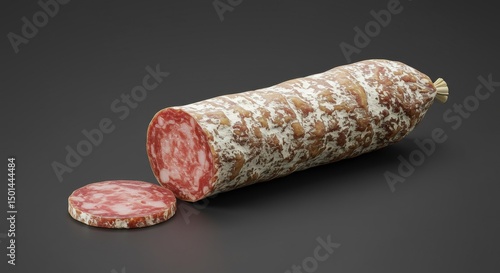 Realistic Photo of a Salami Sausage with Slice on a Dark Background
