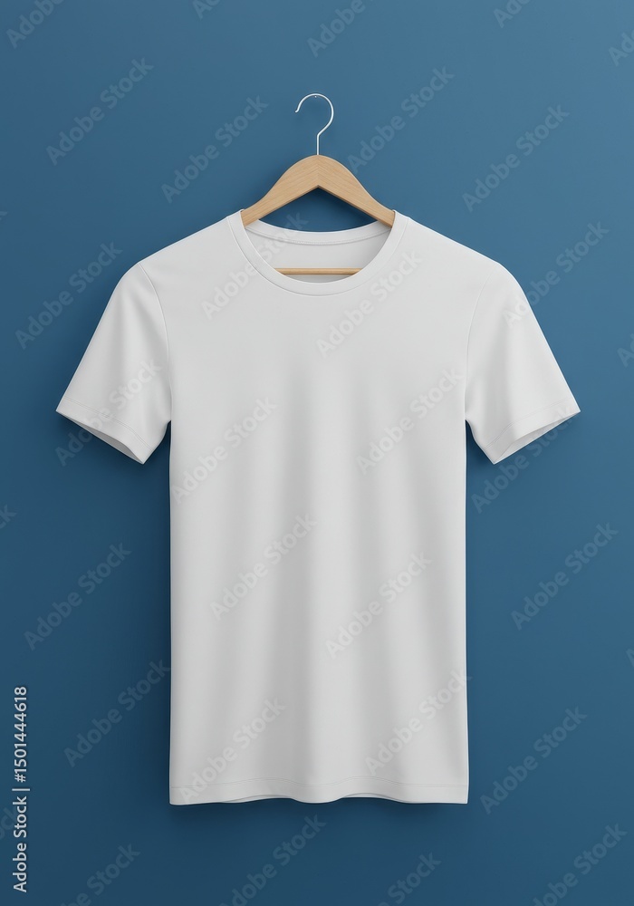 Realistic Photo of a White T-Shirt Hanging on a Blue Background Realistic Photo of a White T-Shirt Hanging on a Blue Background