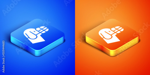 Isometric Dog in muzzle icon isolated on blue and orange background. Accessory for dog. Square button. Vector