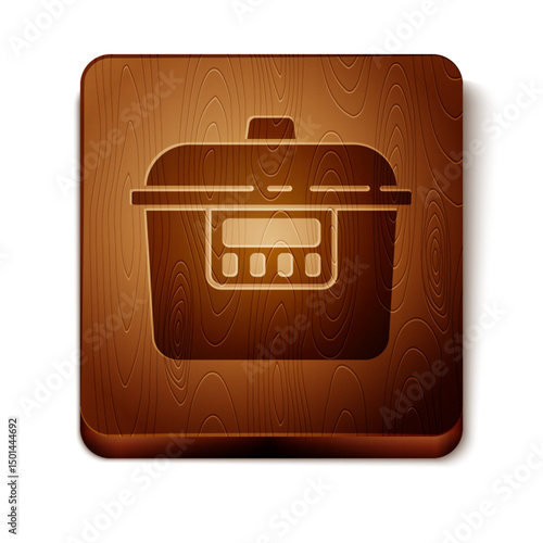 Brown Slow cooker icon isolated on white background. Electric pan. Wooden square button. Vector