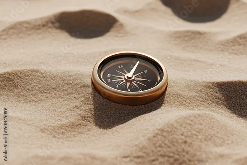 Fototapeta samoprzylepna A brass compass lies on the sand surrounded by shadows and undulating dunes on a sunny day