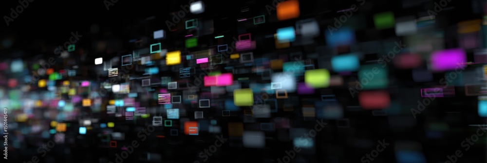 Obraz premium Glitch-style Digital Stickers Create an Abstract Visual Experience in a Dark Environment Showcasing Colors and Dynamic Patterns