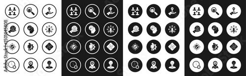 Set Light bulb in hand, Human head with lamp, Piece of puzzle, Project team base, Magnifying glass for search people, and Target check mark icon. Vector