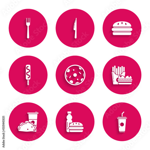 Set Pizza, Bottle of water and burger, Paper glass with drinking straw, Burger french fries carton package box, taco tortilla, Ice cream, and Fork icon. Vector