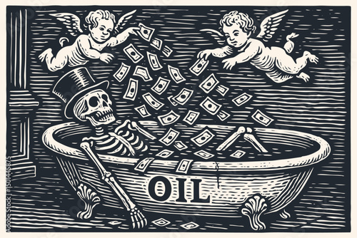 Skeleton in top hat bathes in oil, showered with money by cherubs. Vintage woodcut/linocut style. Satire on wealth, greed, and the oil industry.