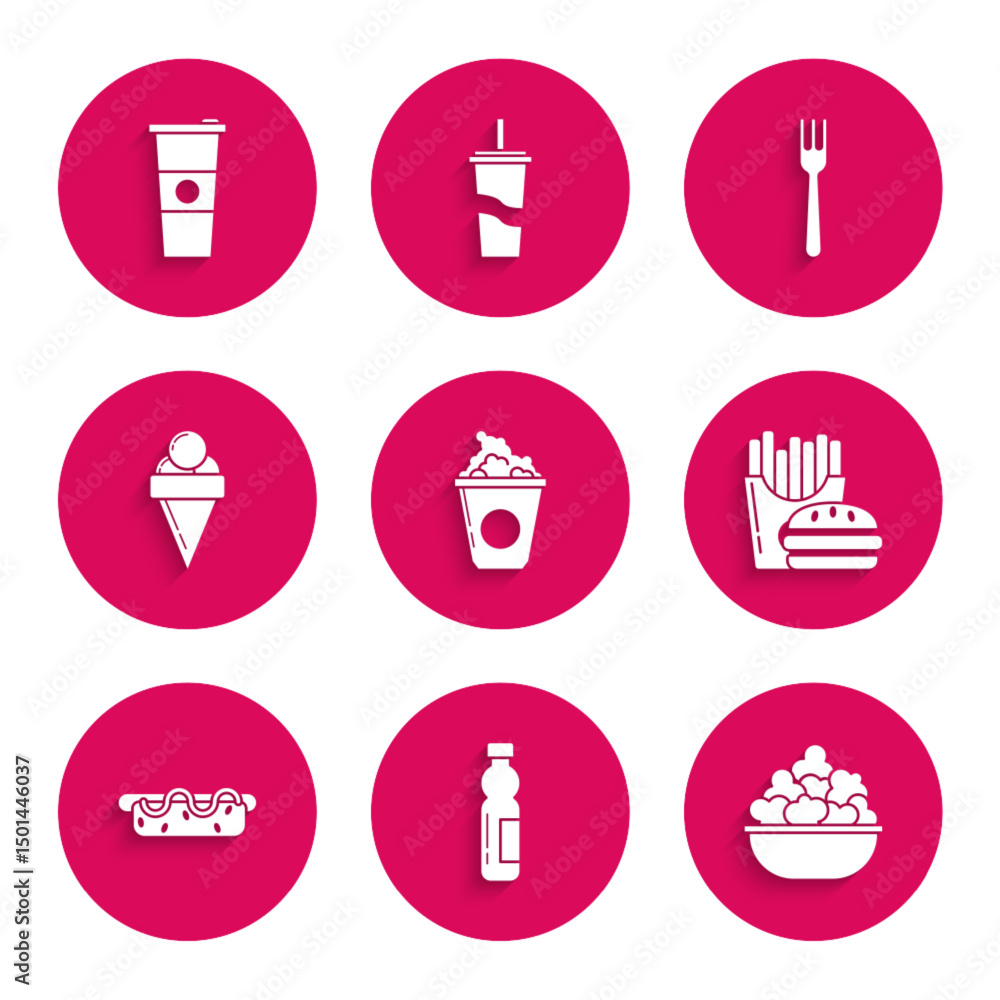 Set Popcorn in cardboard box, Bottle of water, bowl, Burger and french fries carton package, Hotdog sandwich with mustard, Ice cream waffle cone, Fork and Paper glass icon. Vector Set Popcorn in cardboard box, Bottle of water, bowl, Burger and french fries carton package, Hotdog sandwich with mustard, Ice cream waffle cone, Fork and Paper glass icon. Vector