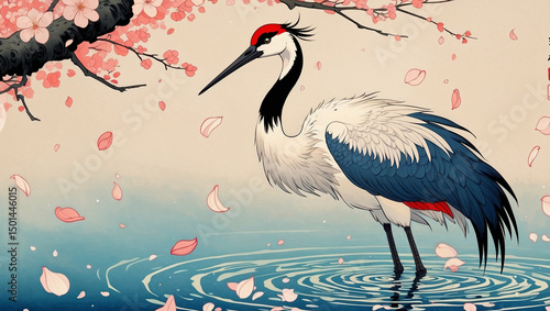 A traditional Japanese crane standing in water with sakura petals falling around it, elegant ukiyo-e style

