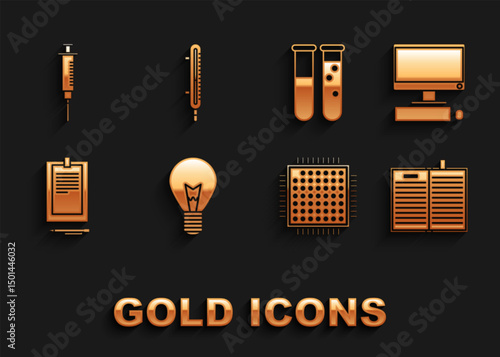 Set Light bulb with concept of idea, Open science book, Processor, Clipboard document, Test tube flask chemical laboratory, Syringe and Meteorology thermometer measuring icon. Vector