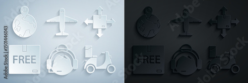Set Support operator in touch, Cardboard box with traffic symbol, free, Scooter delivery, Plane and Worldwide icon. Vector