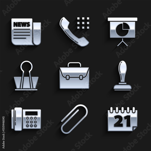 Set Briefcase, Paper clip, Calendar, Stamp, Telephone, Binder, Presentation financial board with graph, schedule, chart, diagram, infographic, pie graph and News icon. Vector
