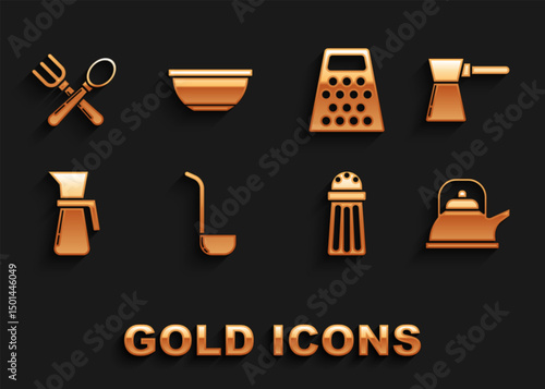 Set Kitchen ladle, Coffee turk, Kettle with handle, Salt, Measuring cup, Grater, Crossed fork spoon and Bowl icon. Vector