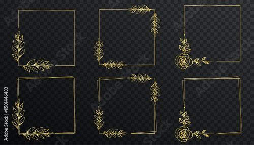 Golden rectangular frame highlights elegant layout elements.
Dark background enhances thin shimmering gold lines.
Vector arch frame suits wedding or formal invitations.
Line art border 