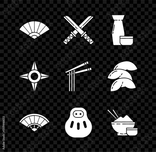 Set Paper chinese or japanese folding fan, Traditional Japanese katana, tea ceremony, Maneki neko cat, Rice bowl with chopstick, ninja shuriken and Asian noodles and chopsticks icon. Vector
