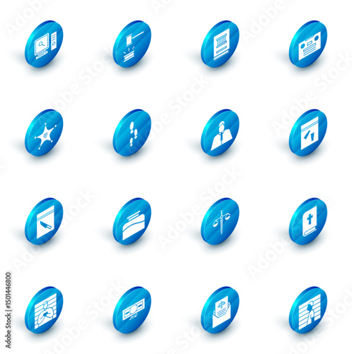 Set Judge gavel, Law book, Retro audio cassette tape, Hexagram sheriff, Evidence bag and knife, Footsteps, bullet and Lawyer, attorney, jurist icon. Vector