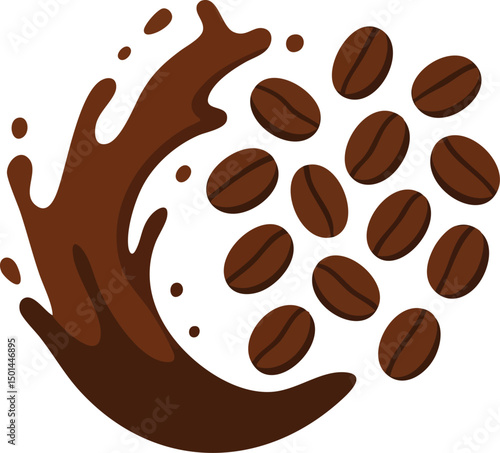 Dynamic Splash of Rich Brown Coffee with Whole Coffee Beans in a Flat Vector Illustration Representing Freshness, Energy, and Invigorating Aroma