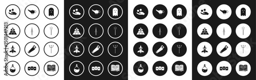 Set Ghost, Dagger, Masons, Cube levitating above hand, Magic wand, lamp or Aladdin, Neptune Trident and Wizard warlock icon. Vector