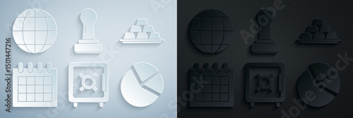 Set Safe, Gold bars, Calendar, Pie chart infographic, Stamp and Earth globe icon. Vector