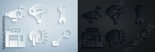 Set Bicycle head lamp, Wrench spanner, repair service, rear view mirror, helmet and pedals icon. Vector