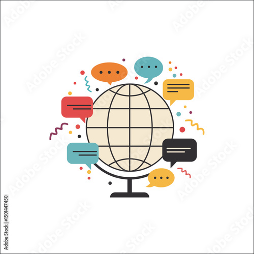 Global communication concept with laptop speech bubbles and globe isolated on transparent background