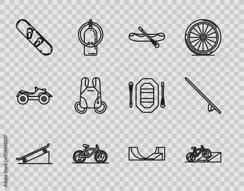 Set line Skateboard on street ramp, Bicycle, Rafting boat, Snowboard, Parachute, park and Surfboard icon. Vector