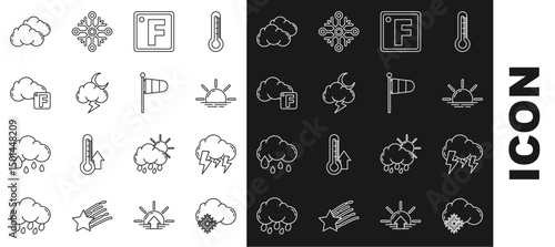 Set line Cloud with snow, Storm, Sunrise, Fahrenheit, and cloud, and Cone meteorology windsock wind vane icon. Vector