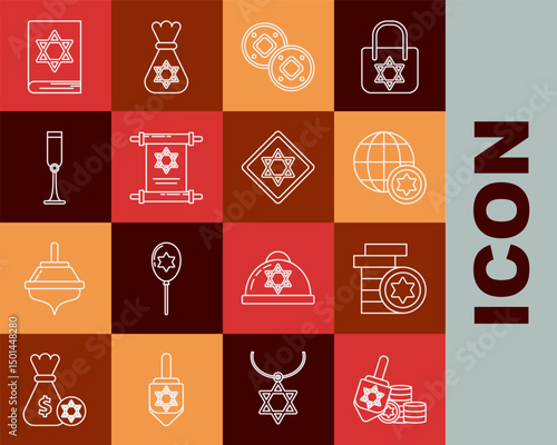 Set line Hanukkah dreidel and coin, Jewish, World Globe Israel, Torah scroll, goblet, torah book and Star of David icon. Vector