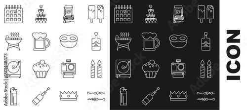 Set line Grilled shish kebab, Birthday cake candles, Whiskey bottle, Karaoke, Wooden beer mug, Barbecue grill, Detailed calendar and Festive mask icon. Vector