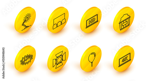Set line Laptop screen with 4k video technology, Balloon ribbon, Movie spotlight, Bang boom text speech bubble balloon, Popcorn in cardboard box, HD, and Table lamp icon. Vector
