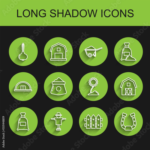 Set line Bag of flour, Scarecrow, Onion, Garden fence wooden, Horseshoe, Farm House concept and Sunflower icon. Vector