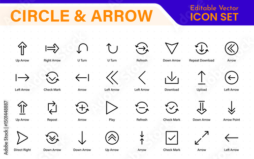 Dynamic Circle and Arrow Icon Set. A Versatile Collection for Navigation, Directional Signs, Workflow Diagrams, User Interface Design, and Infographic Enhancements